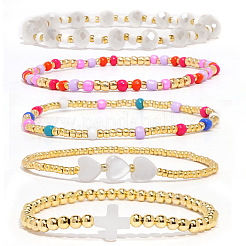 Sets aus elastischen Armbändern mit Kreuzherz aus Naturmuscheln&nbsp;XW5962