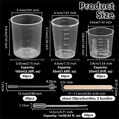 90種類のスタイルのプラスチック計量カップ3個と使い捨てプラスチックピペット20個  白樺の木製クラフトアイスクリームスティックとプラスチックミキシングロッド  透明  カップ：39~64x36~54.5mm  内径：36~51mm  30個/スタイル&nbsp;FIND-OC0014-01