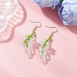 手作りのガラスシードビーズのダングルイヤリング  アクリルと  ゴールドカラー  ユリの花の枝  ミックスカラー  62x14~20mm&nbsp;EJEW-MZ00546