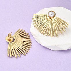 201ステンレス鋼ABSプラスチックパールスタッドピアス  304ステンレスピン付き  PVD真空メッキ  長持ちメッキ  ゴールドカラー  ファン  33x45mm&nbsp;EJEW-Z151-13G-08