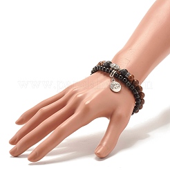 Braccialetti elastici in legno di ossidiana naturale e pietra lavica in stile 2 pezzi con charm di loto e testa di buddha&nbsp;BJEW-JB07615