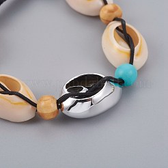 調節可能なナイロンコード子供編組ブレスレット  カウリーシェルビーズと電気メッキシーシェルビーズ  ウッドビーズ  合成ターコイズ  ライトグレー  1-5/8インチ（4cm）〜2-1/2インチ（6.6cm）&nbsp;BJEW-JB04090-01