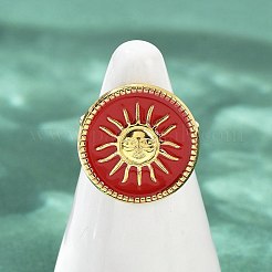 Плоские круглые с рисунком солнца эмалевые кольца из нержавеющей стали 304 для женщин RJEW-G355-05G-02