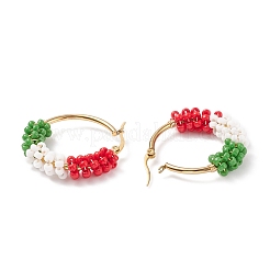 Aretes de aro trenzados con semillas de vidrio y tema navideño&nbsp;EJEW-TA00106