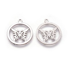 変色しない304ステンレススチールペンダント  蝶とフラットラウンド  ステンレス鋼色  26x22.4x1mm  穴：2mm&nbsp;STAS-I098-01