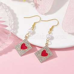 Rettangolo di strass di cristallo in lega con orecchini pendenti a cuore&nbsp;EJEW-JE05491-02