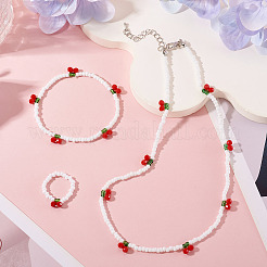Halsketten & Armband & Fingerring-Sets aus Kirschglasperlen für Damen&nbsp;SJEW-TA0001-08