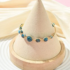 ヘリンボーン柄のワイヤーラップを施した天然アパタイト真鍮製カフバングル  馬の目  ゴールドカラー  内径：2.01インチ（5.1cm）&nbsp;BJEW-JB14039-01