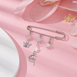 天然混合宝石ハート＆フェアリー＆バタフライチャーム安全ピンブローチ  合金ラペルピンセータークラスプパンツウエストエクステンダー  プラチナ  81x76x5mm&nbsp;JEWB-BR00102