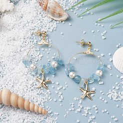 天然アクアマリンチップビーズダングルスタッドピアス  女性のためのヒトデロングドロップピアス付きリング  ゴールドカラー  60mm  ピン：0.7mm  ビーズ：7~12x5~10.5x2~6mm  星：17.5x15x2mm&nbsp;EJEW-TA00035-03