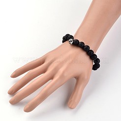 スカルナチュラル溶岩ロックビーズストレッチブレスレット  304ステンレススチールビーズ付き  54mm&nbsp;BJEW-JB02234