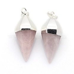 Bicone Natural Rose Quartz Pendants with Silver Tone Brass Findings, 37x14x14mm, Hole: 8x5mm
