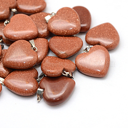 Coeur pendentifs goldstone synthétique, avec les accessoires en laiton de tonalité de platine, 20~22x20~21x5~8mm, Trou: 2x7mm