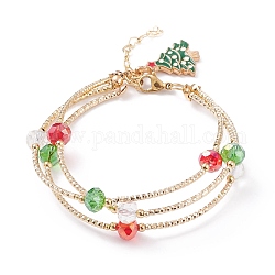 Bracelet multi-rangs en perles de verre et tube de laiton bling, bracelet triple couche de charme d'arbres de noel d'alliage pour des femmes, colorées, 7-5/8 pouce (19.3 cm)