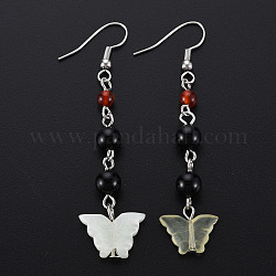 Butterfly Natural New Jade Dangle Earrings for Girl Women, Agate Beads Earrings with Brass Pin, 62~65mm, Pin: 0.6mm