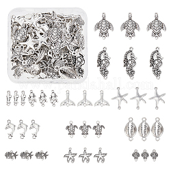 Sunnyclue 72 piezas 12 estilos encantos de conector de aleación de zinc de estilo tibetano, delfín y estrella de mar y concha y tortuga, formas mixtas del tema del océano, plata antigua, 16~36x6.5~20mm, 6 piezas / style