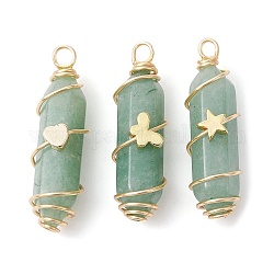 3Pcs 3 Styles Natural Green Aventurine Copper Wire Wrapped Pointed Pendants, Faceted Bullet Charms with Golden Tone Brass Heart & Star & Butterfly Beads, 34.5~37x10.5x12mm, Hole: 2.7mm, 1pc/style
