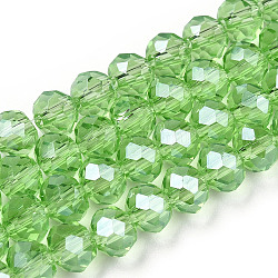 Chapelets de perles en verre électroplaqué, perle plaquée lustre, facette, rondelle, vert clair, 6x5mm, Trou: 1mm, Environ 85~88 pcs/chapelet, 16.1~16.5 pouce (41~42 cm)