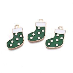 クリスマス合金エナメルペンダント  カドミウムフリー＆鉛フリー  ライトゴールド  クリスマスの靴下  濃い緑  21x15.5x1.5mm  穴：1.8mm