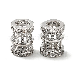 Rack Plating Brass Cubic Zirconia European Beads, Large Hole Beads, Long-Lasting Plated, Lead Free & Cadmium Free, Hollow Column, Platinum, 9.5x7.5mm, Hole: 4.5mm