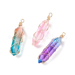 Glass Pendants, Wire Wrapped Pendants, with Brass Findings, Bullet, Light Gold, Mixed Color, 42x10x10mm, Hole: 2.5mm