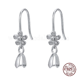 Rhodium Plated 925 Sterling Silver Earring Hooks, with Cubic Zirconia, Flower, Platinum, 24mm, 22 Gauge, Pin: 0.6mm and 1mm