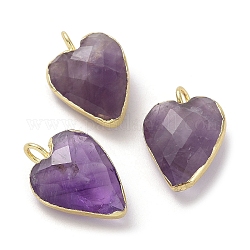 Natural Amethyst Pendants, Faceted Heart Charms, with Golden Plated Brass Edge Loops, 18x12x6mm, Hole: 3mm