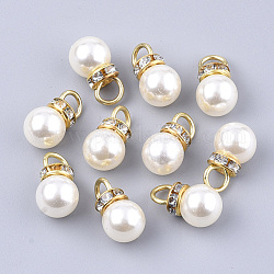Colgantes de perlas de imitación de plástico abs de alto brillo, con fornituras de hierro chapado en oro y rhinestone de cristal, redondo, blanco cremoso, 17~17.5x9.5mm, agujero: 4.5 mm