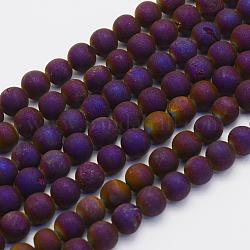 Electroplate Natural Druzy Agate Beads Strands, Round, Frosted, Purple Plated, 8mm, Hole: 1mm, about 45~48pcs/strand, 14.9 inch(38cm)