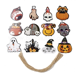 12 estilos de etiquetas de papel con tema de halloween, con cuerda de cáñamo, etiquetas de regalo etiquetas colgantes para decoración de halloween, color mezclado, 46.5~60x35~61x0.2mm, agujero: 4 mm