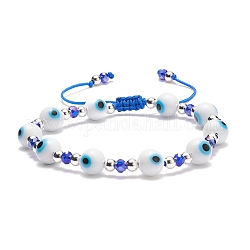 Bracelet en perles de verre et mauvais œil au chalumeau, bracelet réglable pour femme, blanc, diamètre intérieur: 2-1/8~3-1/8 pouce (5.5~8 cm)