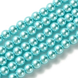 Perle di perle di vetro di grado ecologico, perlato, tondo, ciano, 6mm, Foro: 1.2~1.5 mm, circa 68pcs/filo, 16'' (40.64 cm)
