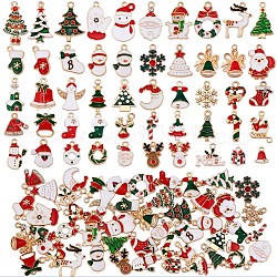 50шт рождественские подвески из сплава эмали, со стразами, Санта-Клаус, снежинка, новогодняя елка и северный олень/олень, для ювелирных изделий, ожерелья, подарков, ремесел, разноцветные, 13x10 mm ~ 25x16 mm, отверстие : 2 мм
