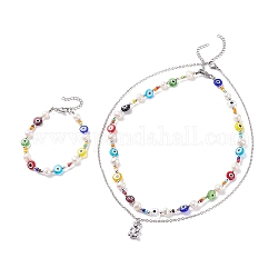 Ensemble de bijoux en perles naturelles et mauvais œil avec pendentif ours, Bracelet perlé 1pc et collier 1pc et collier pendentif 1pc pour femme, colorées, 7-1/2 pouce (19 cm) ~ 18-3/4 pouces (47.5 cm), 3 pièces / kit