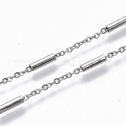 Chaînes de câbles en 304 acier inoxydable, avec perles de colonne en acier, soudé, Ovale Plat, couleur inoxydable, 2x1.6x0.3mm, environ 39.37 pouce (1 m)/fil