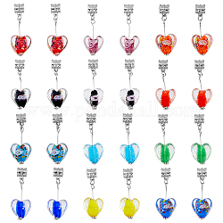24 pièces 12 couleurs faites à la main au chalumeau lumineux breloques européennes pendantes, grands pendentifs coeur trou, avec étriers tubulaires en alliage plaqué platine, couleur mixte, 37~40mm, pendentif: 29x15~16x9~10 mm, Trou: 4.5mm, 2 pcs / couleur
