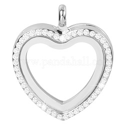 Alloy & Glass Floating Locket Pendants, with Rhinestone and Magnet, Heart Charm, Platinum, 35x30x7mm