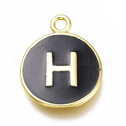 Латунь эмаль подвески, долговечный, чёрные, золотые, плоско-круглые, letter.h, 16.5x13x2 мм, отверстие : 1.5 мм