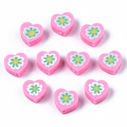 Handmade Polymer Clay Beads, Heart with Flower Pattern, Pearl Pink, 9x9~10x4~5mm, Hole: 1.5mm