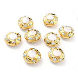 Perline Larimar naturale, con minuteria in ottone dorato e perla, tondo, colorato, 24~25x25.5~26x16mm, Foro: 1 mm