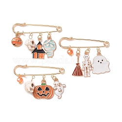3 pièces 3 style halloween crâne & fantôme & citrouille émail épingle à nourrice broche, insignes en alliage doré pour vêtements de sac à dos, couleur mixte, 19~42x49.5x4.5mm, 1pc / style
