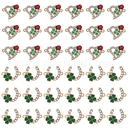 CHGCRAFT 36Pcs 2 Styles Alloy Crystal Rhinestone Connector Charms, with Enamel, Light Gold, C Shape with Clover & Heart with Ladybird, Mixed Color, 18~20x16~23x2.5~3mm, Hole: 1.6~1.8mm, 18pcs/style