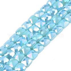 Chapelets de perles en verre opaque de couleur unie, de couleur plaquée ab , facette, carrée, bleu ciel, 6.5x6.5x4.5mm, Trou: 1.2mm, Environ 97~99 pcs/chapelet, 25 pouce (63.5 cm)