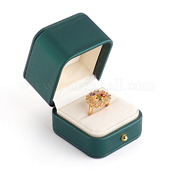 PU Leather Ring Gift Boxes, with Golden Plated Iron Button and Velvet Inside, for Wedding, Jewelry Storage Case, Green, 6.7x6.1x6.2cm