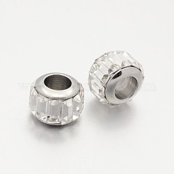 Faceted Column Glass European Beads, Large Hole Drum Beads, with 304 Stainless Steel Core, Stainless Steel Color, Clear, 7x9mm, Hole: 5mm