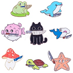 8Pcs 8 Style Mushroom & Frog & Cat & Dolphin & Fish Enamel Pins, Golden Alloy Animal Badge for Backpack Clothes, Mixed Color, 15~30x27.5~30.5x1.5~2mm, Pin: 1~1.3mm, 1Pc/style
