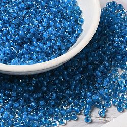 6/0 transparentes abalorios de cristal de la semilla, dentro de los colores, agujero redondo, redondo, azul dodger, 3.5~4x3mm, agujero: 2 mm, aproximamente 450 g / bolsa