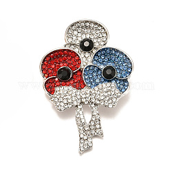 Alloy Brooches, with Rhinestone and Enamel, Remembrance Poppy Flower Badge, Platinum, 52.5x35.5x8.5mm