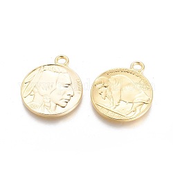 Tibetan Style Alloy Coin Pendants, Flat Round with Indian Head and Buffalo, Cadmium Free & Lead Free, Golden, 40x33x3mm, Hole: 4mm