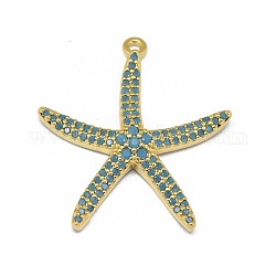 Alliage micro pave pendentifs en zircone, Plaqué longue durée, étoile de mer / étoiles de mer, bleu profond du ciel, or, 26x24x4mm, Trou: 1.2mm